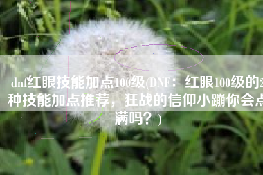 dnf红眼技能加点100级(DNF：红眼100级的2种技能加点推荐，狂战的信仰小蹦你会点满吗？)