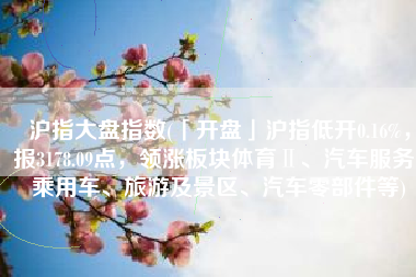 沪指大盘指数(「开盘」沪指低开0.16%，报3178.09点，领涨板块体育Ⅱ、汽车服务、乘用车、旅游及景区、汽车零部件等)