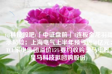 tcl科技股吧(「中证盘前」4连板金龙羽提示风险；上海电气上半年预亏近50亿元；TCL家电集团溢价15%要约收购奥马电器；皇马科技拟回购股份)