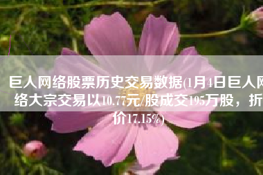 巨人网络股票历史交易数据(1月4日巨人网络大宗交易以10.77元/股成交195万股，折价17.15%)